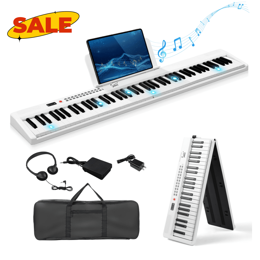 Hassch 88 Key Foldable Electronic Piano, Semi-Weighted Keyboard with Bag and Headphone, Pedal and MIDI Bluetooth, White