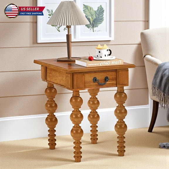 Hassch Accent End Table with Single Drawer, Solid Rubber Wood Legs and MDF Acacia Veneer Top, Modern Stylish Storage Side Table for Small Space, Natural