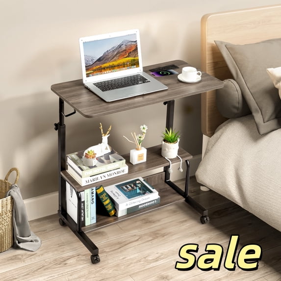 Hassch Adjustable Height Computer Table with USB Ports, Portable Rolling Laptop Desk with 2 Storage Shelves for Home Office, Easy Assembly, Grey Oak