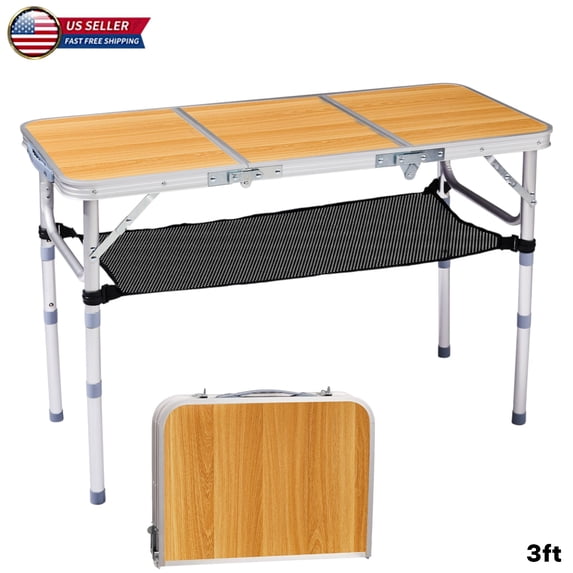 Hassch Adjustable Height Folding Table, 3FT Lightweight Outdoor Camping Table with Mesh Storage and Aluminum Frame, for Backyard Patio Picnic or Indoor Use, Wood Grain
