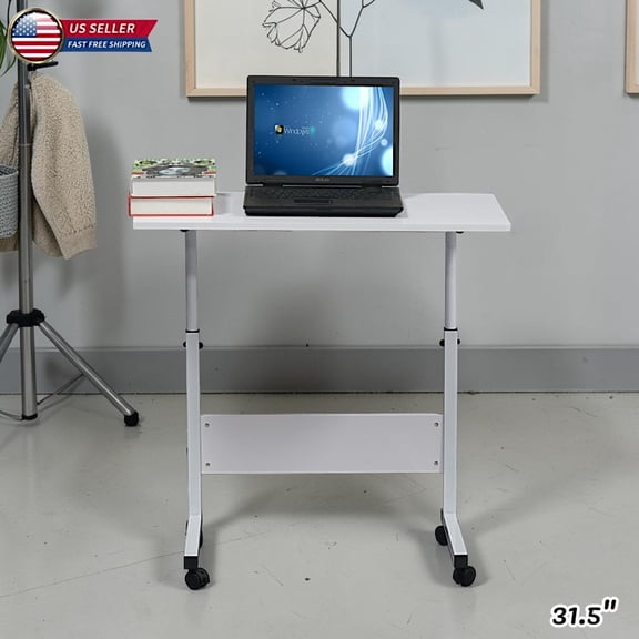 Hassch Adjustable Height Mobile Laptop Desk, 31.5-Inch Rolling Computer Desk with Lockable Wheels, Easy to Assemble & Move, White