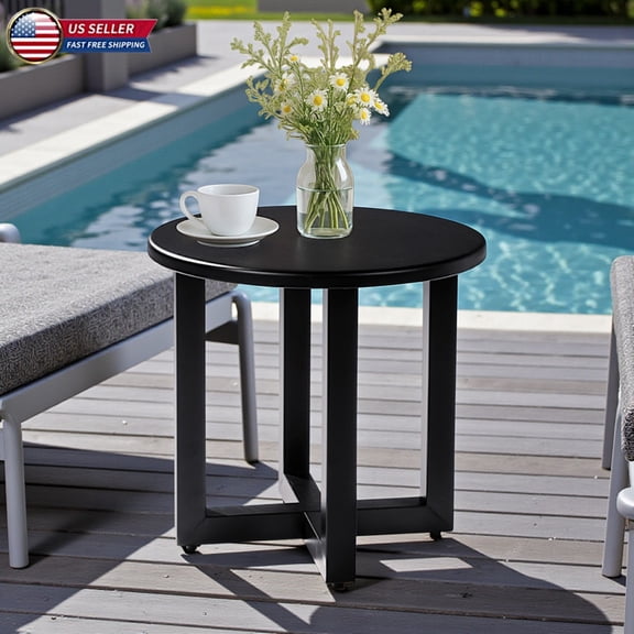 Hassch All-Weather Metal Side Table in Black, 18-Inch Compact Patio End Table with Cross Base, Indoor/Outdoor Plant Stand Snack Table for Living Room Yard