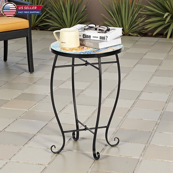 Hassch All-Weather Outdoor Side Table, 14" Round Accent Table/Plant Stand, Rust-Proof Patio End Table for Poolside Beach Theme Decor (Sunrise Ocean Mosaic)