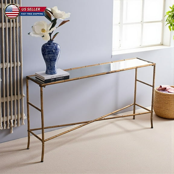 Hassch Antique Gold Console Table, 56.3" Rectangular Mirrored Top Entryway Table with Bamboo-Inspired Metal Frame, Glam Accent Table for Living Room, Hallway, Foyer
