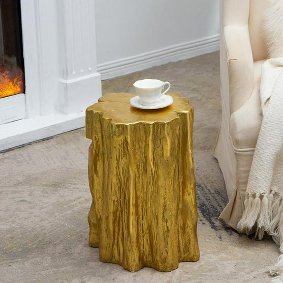 Hassch Antique Gold Unique Tree Trunk Garden Stool, Nature Wood Texture Inspired Living Room Side Table Accent End Table for Small Spaces - 13.5"L x 13"W x 20"H