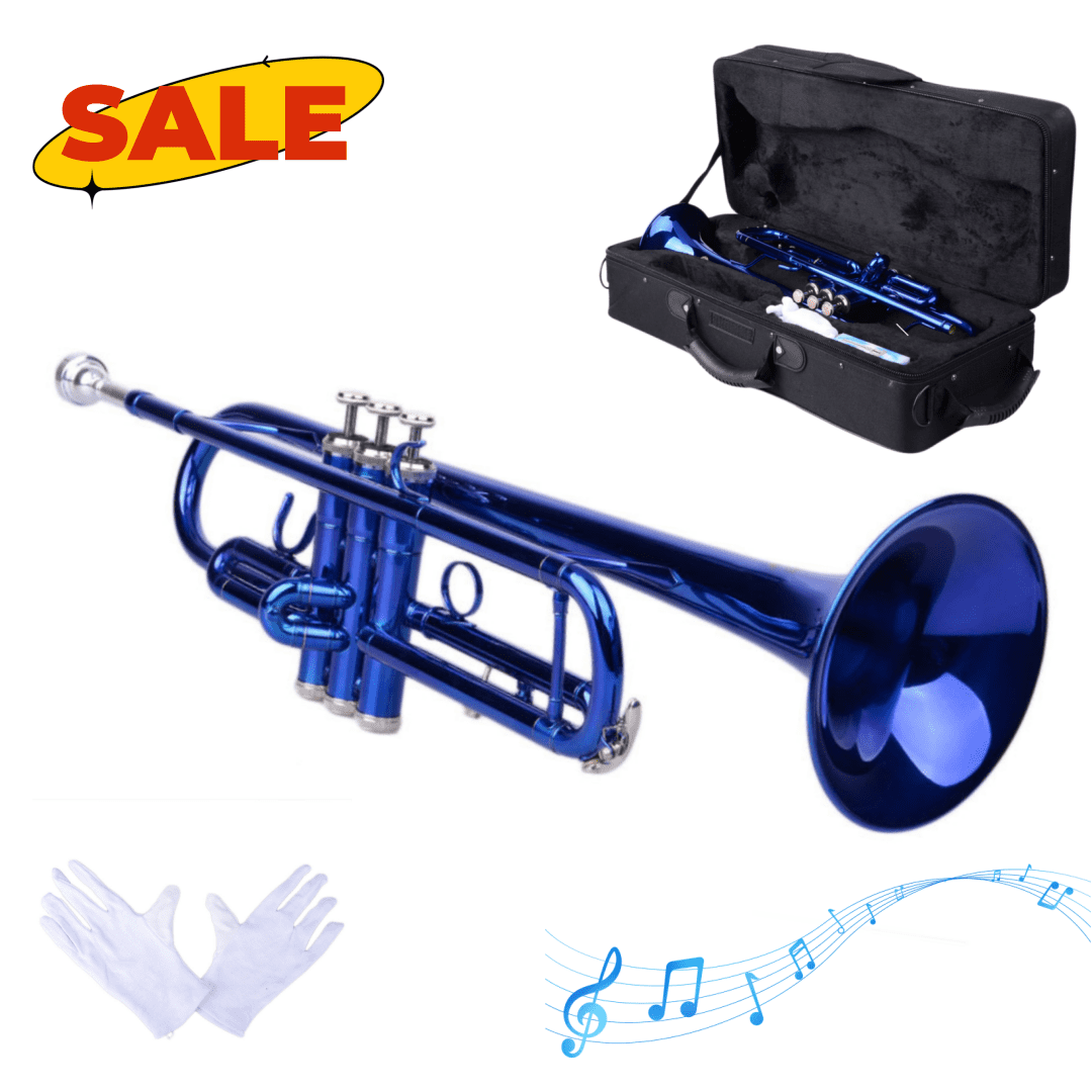 Hassch B Flat Trumpet, Brass Beginner Trumpet with Case, Mouthpiece and Gloves, Blue