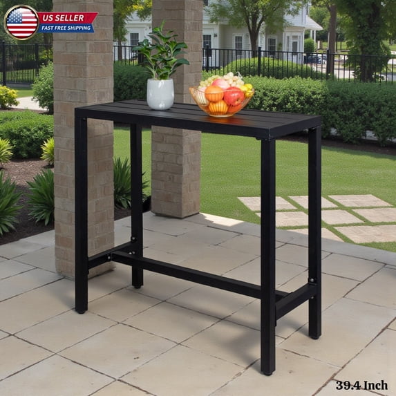 Hassch Bar Table, 39.4" Iron Patio Pub Table with Slatted Top, Adjustable Feet for Stability, Easy Assembly for Outdoor Garden, Balcony, Poolside or Living Room (Black)
