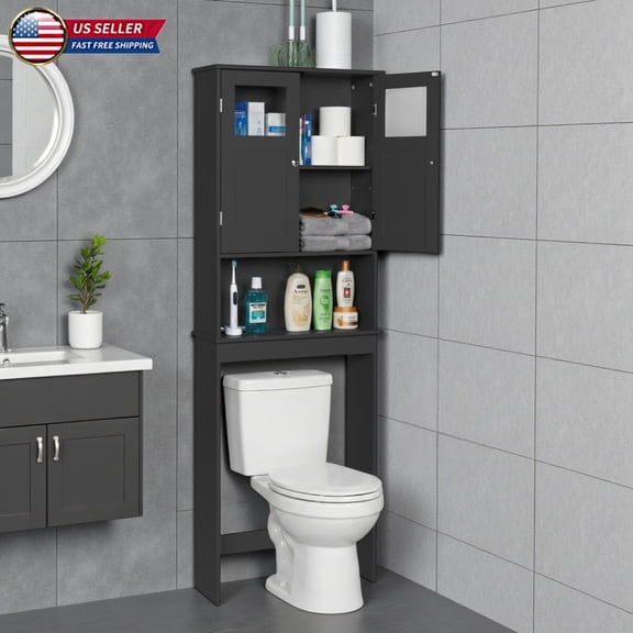 Hassch Bathroom Storage Cabinet for Toilet/Washer, 67" Tall Space-Saving Organizer with Dual Doors and Shelves, Freestanding Painted MDF Tower Cabinet for Towels & Toiletries, Black