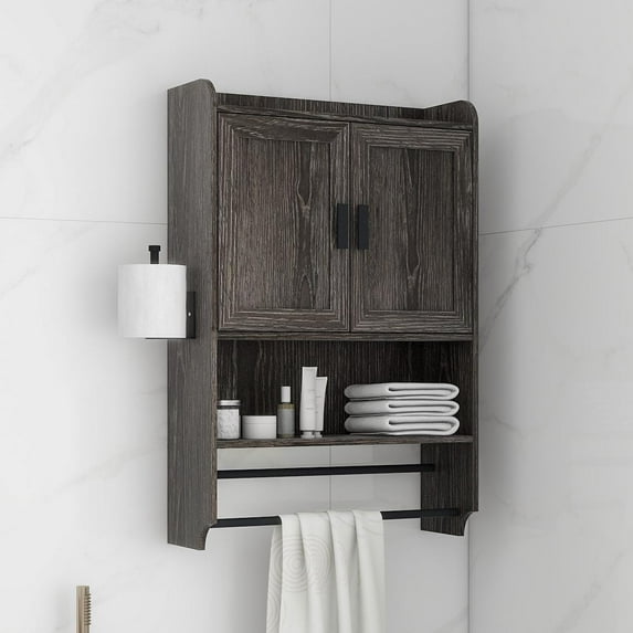 Hassch Bathroom Wall Cabinet with 2 Doors & Adjustable Shelf, Wall Mounted Medicine Cabinet with Towel Bar and Paper Holder, for Entryway Kitchen Bathroom, Gray