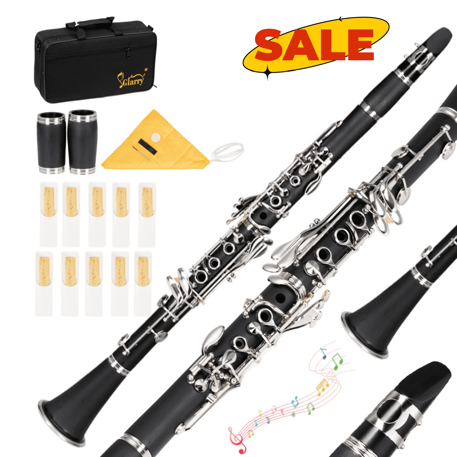 Hassch Bb Clarinet For Beginners, 17 Keys Flat B Clarinet with Case, Gloves, 2 Mouthpiece Connectors, 10 Reeds and Other Accessories, Black