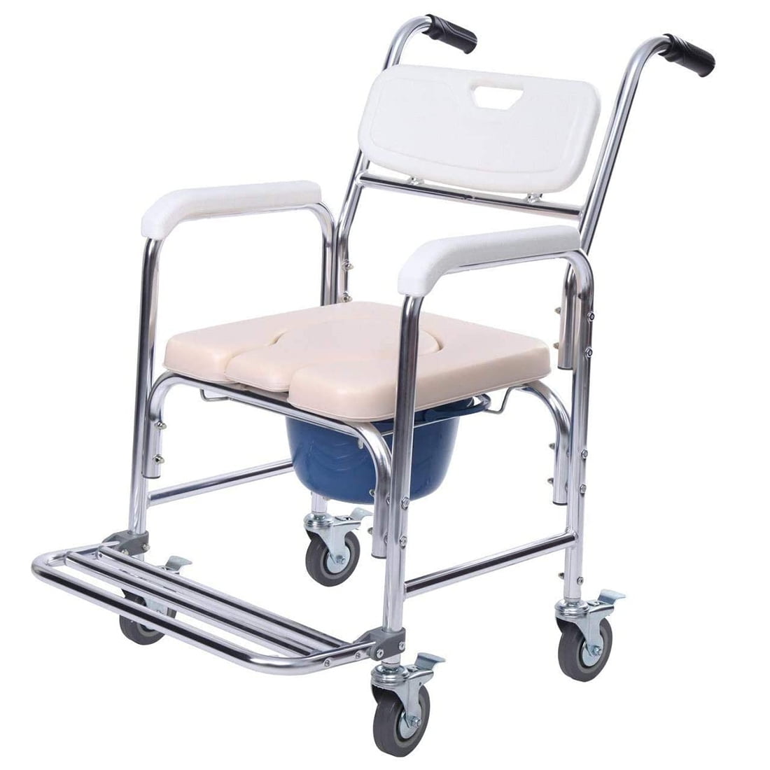 Hassch Bedside Commode Transport Wheelchair Foldable Bathroom Shower Chair Toilet Seat, 300lbs Capacity, White & Beige