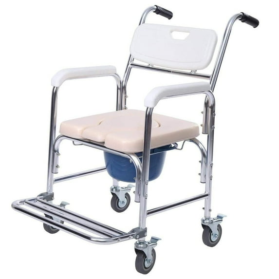 Hassch Bedside Commode Transport Wheelchair Foldable Bathroom Shower Chair Toilet Seat, 300lbs Capacity, White & Beige