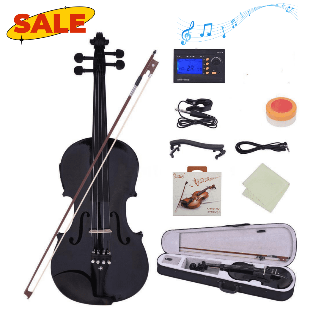 Hassch Beginner Violin 4/4, Solid Wood Violin Kit with Case, Bow and Cloth, Music String Instrument with Strings, Shoulder Rest, Electronic Tuner and Connecting Wire, Black