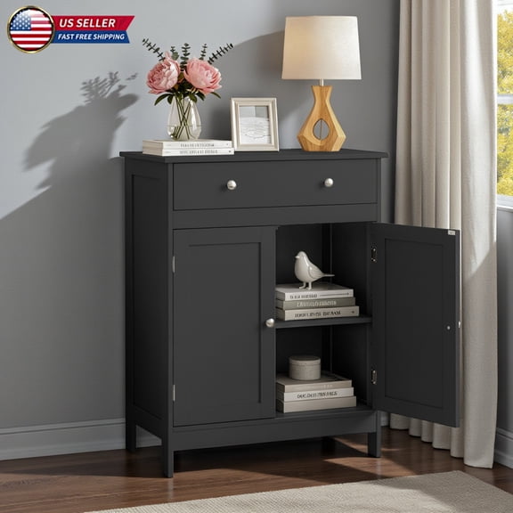 Hassch Black Floor Standing Cabinet with 1 Drawer, 2 Doors and Adjustable Shelf, Easy Assembly, 23.6"L x 11.8"W x 31.5"H
