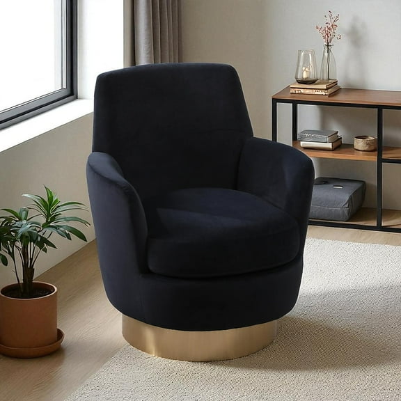Hassch Black Velvet Upholstered Swivel Chair with Gold Iron Base, Comfortable Barrel Lounge Chair for Living Room and Bedroom, 29.3"L x 28.3"W x 32.7"H