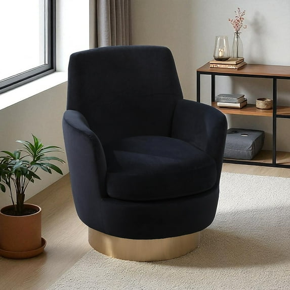 Hassch Black Velvet Upholstered Swivel Chair with Gold Iron Base, Comfortable Barrel Lounge Chair for Living Room and Bedroom, 29.3"L x 28.3"W x 32.7"H