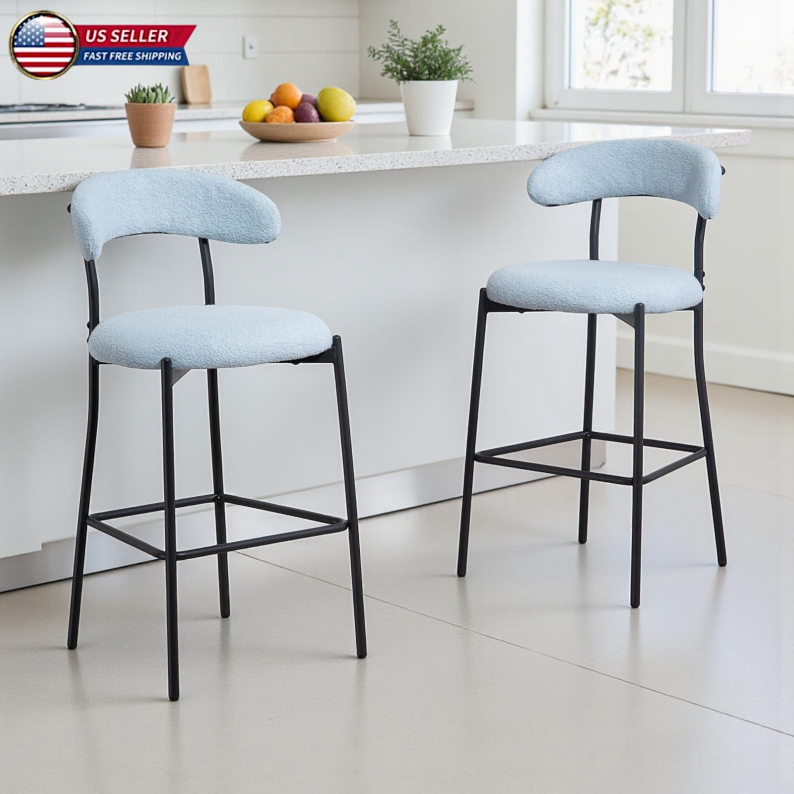 Hassch Blue Teddy Upholstery Bar Stools Set of 2, 25.19" Counter Height