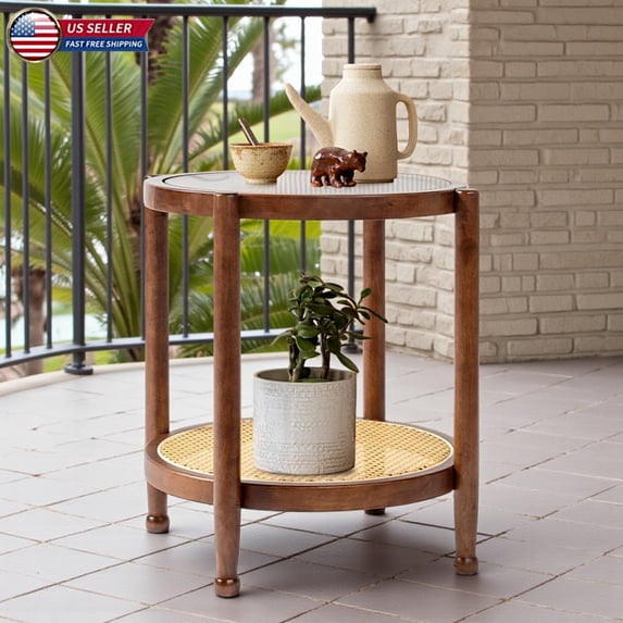 Hassch Boho 2-Tier Round Side Table with Ripple Tempered Glass Top, Rattan Shelf & Rubber Wood Frame, 19.7-Inch Multi-Functional Storage Nightstand Plant Stand for Patio Bedroom, Walnut