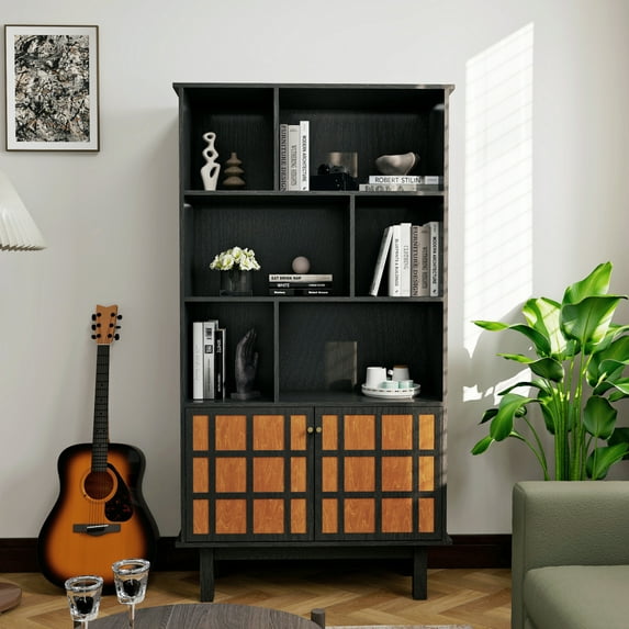 Hassch Bookshelves and Bookcases with Doors, Floor Standing 4 Shelf Display Storage Shelves, 69 in Tall Bookcase for Home Office, Living Room, Black&Honey