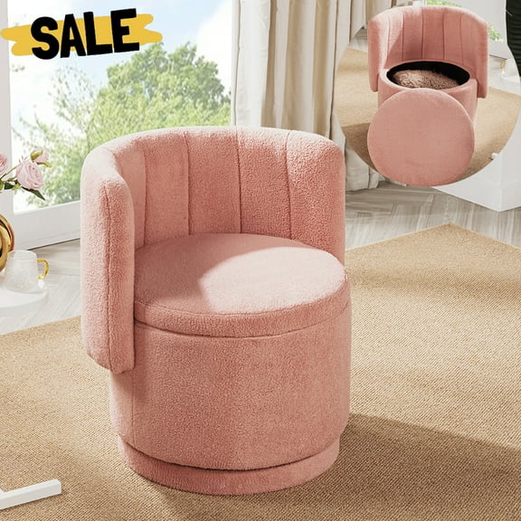 Hassch Bouclé Upholstered Swivel Chair with Hidden Storage & Channel Tufted Backrest, Round Barrel Chair for Living Room, Bedroom, Home Office (Pink)