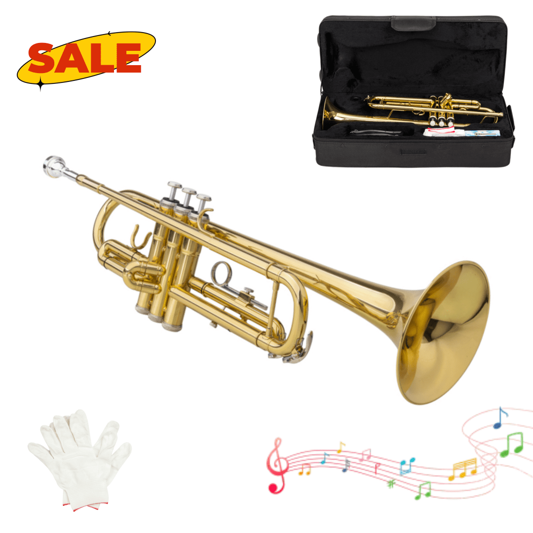 Hassch Brass B Flat Trumpet with Mouthpiece, Gloves and Portable Case, Trumpet for Beginners, Golden
