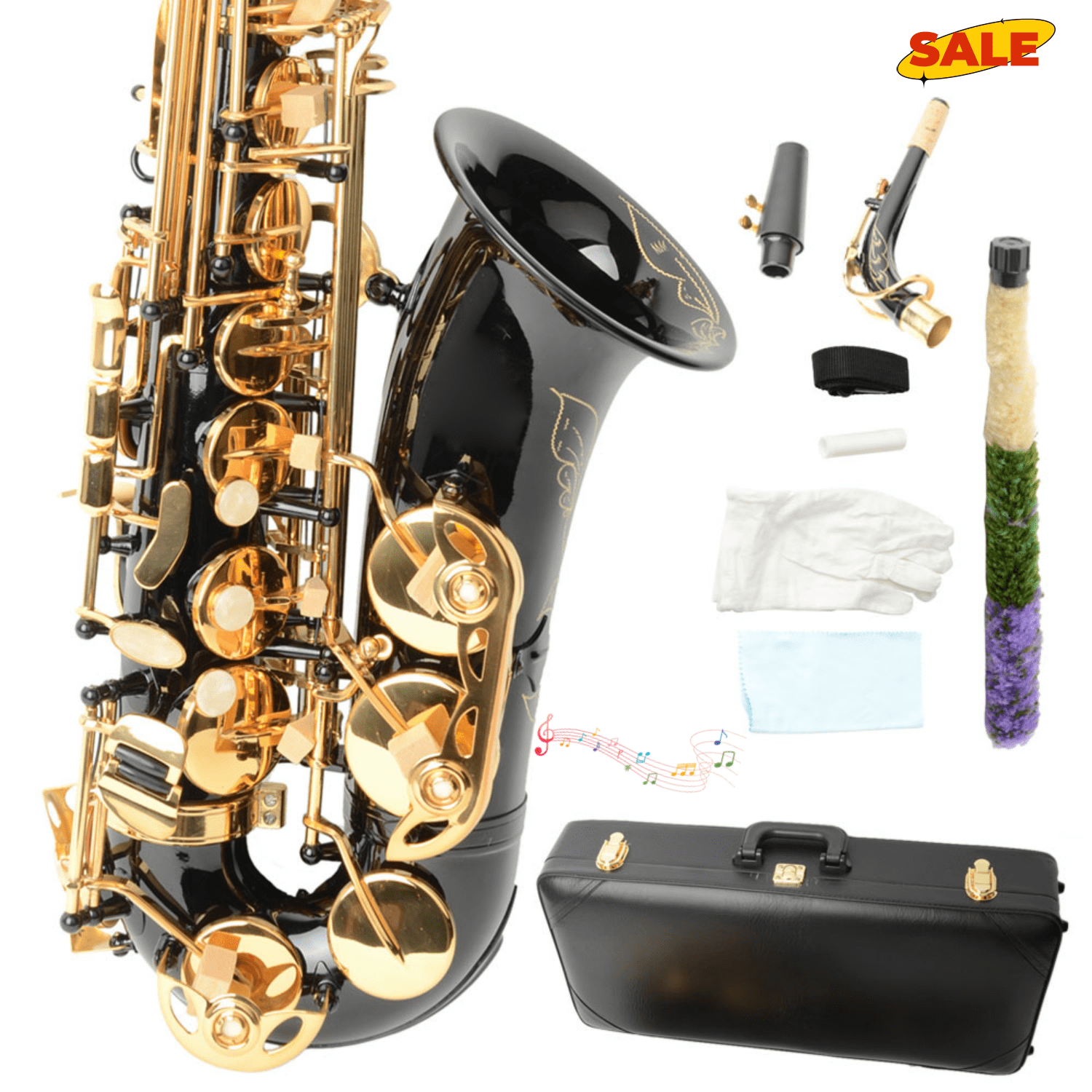 Hassch Brass Eb Saxophone with Box and Strap, Sax with Lubricants, Gloves, Cleaning Cloth and Cleaning Brush for Beginners, Black