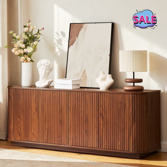 Hassch Buffet Cabinet with Storage, 64" Modern Credenza with 4 Doors, Coffee Bar Cabinet with Adjustable Shelves, Sideboard for Kitchen, Living Room, Dining Room, Walnut