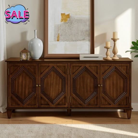 Hassch Buffet Sideboard with 4 Doors, 65.2" Coffee Bar Cabinet with Adjustable Shelves, Storage Cabinet for Kitchen, Dining Room, Living Room, Walnut