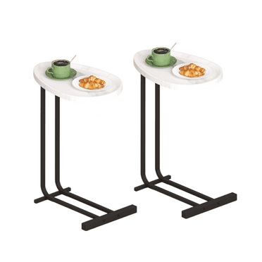Hassch C-Shaped End Tables Set of 2, Small Couch Side Table with Black Metal Frame Slide, Accent TV Tray Table for Sofa/Bedside, Living Room, Bedroom, White