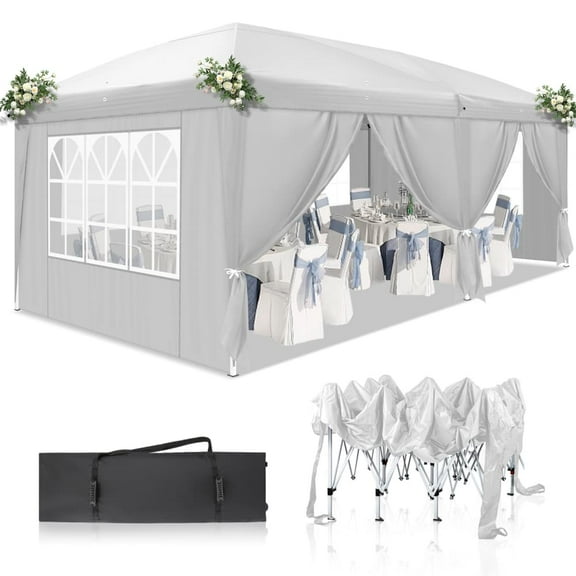Hassch Canopy, 10' x 20' Waterproof Outdoor Event Tent with Carry Bag, Portable Gazebo Shelter with 6 Sidewalls for Party, Wedding, Camping, Beach, White