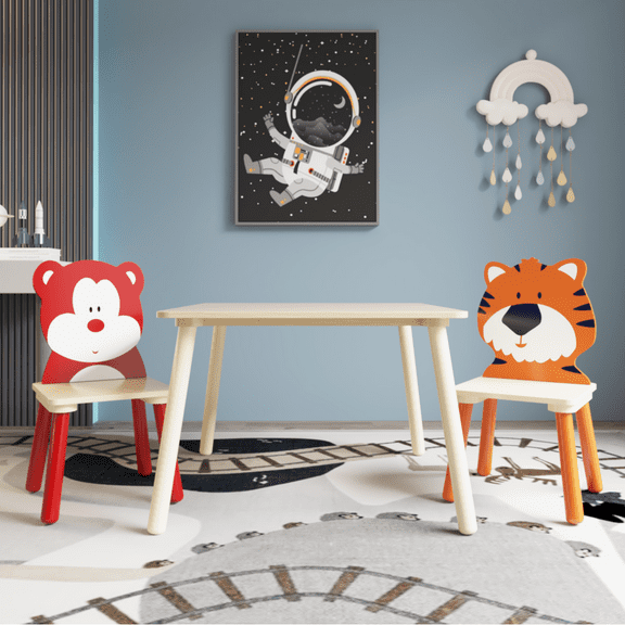 Hassch Children Kids Table and Chair Set (2 Chairs Included) - Ideal for Arts & Crafts, Snack Time, Homeschooling, Homework & More, Wooden Activity Play Table Set (Bear&Tiger)