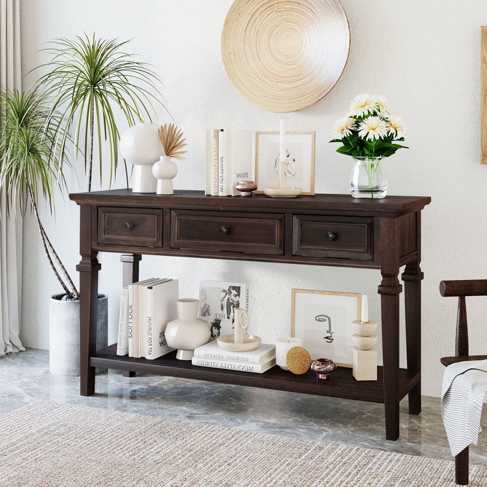 Hassch Long Entry Wooden Console Table with Shelves 3 Drawers Rustic Hallway Table Espresso Walmart
