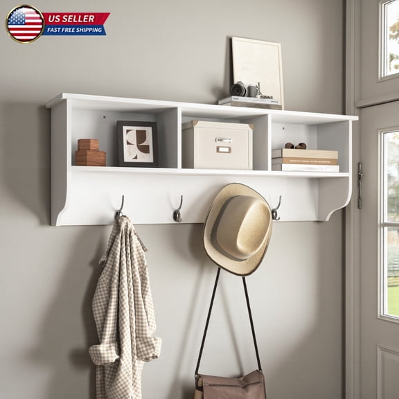 Hassch Wall Mounted Entryway Organizer with Storage Cubbies & 4 Hooks, Hallway Coat Rack Shelf in White, Easy Assembly, 38.58" L x 7.87" W x 13.78" H