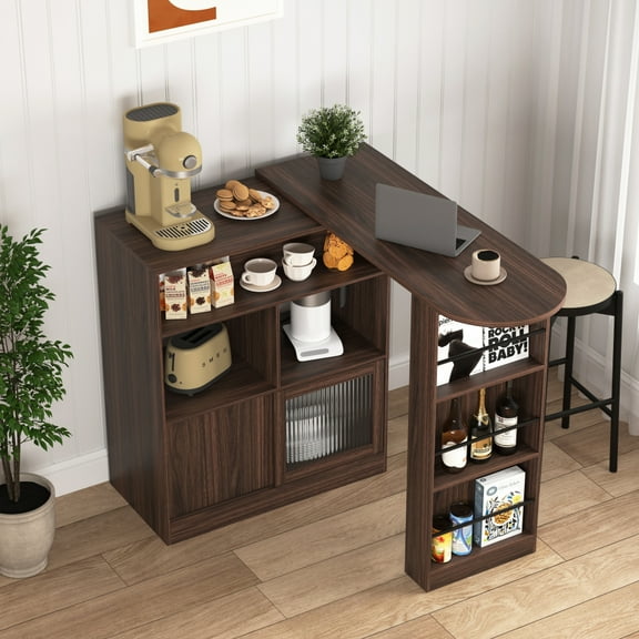 Hassch Coffee Bar Station with Storage, Liquor Bar Cabinet with Rotating Top, 6 Storage Spaces and 2 Ribbed Glass Doors, Sideboard Buffet Cabinet for Kitchen, Living Room, Dining Room, Walnut