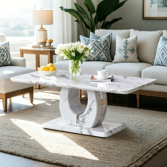 Hassch Coffee Table, Gray Living Room Center Table in Marble Pattern Sticker, Simple Modern Rectangular Tea Table with Sturdy Base, Wooden Coffee Table for Bedroom Home Office