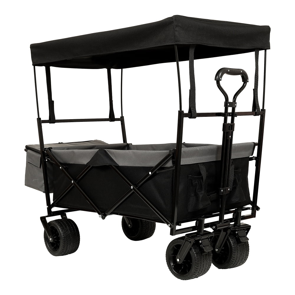 Hassch Collapsible Folding Wagon with Canopy and All-Terrain Wheels, Utility Storage Cart with Cooler Bag and Side Pockets, Beach Wagon for Sand, Camping, Sports, Shopping, Black