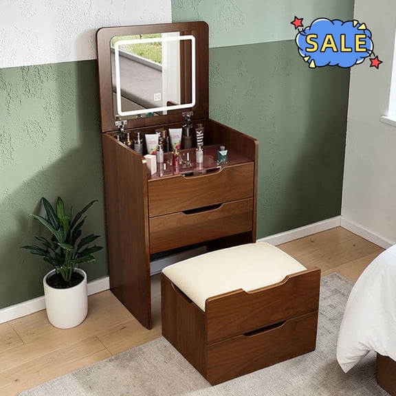Hassch Compact Vanity Desk with Flip Top Mirror and Lights, Small Makeup Table with Cushioned Stool and Glass Tabletop, Dressing Table with 3 Storage Drawers for Bedroom, Space Saving, Walnut