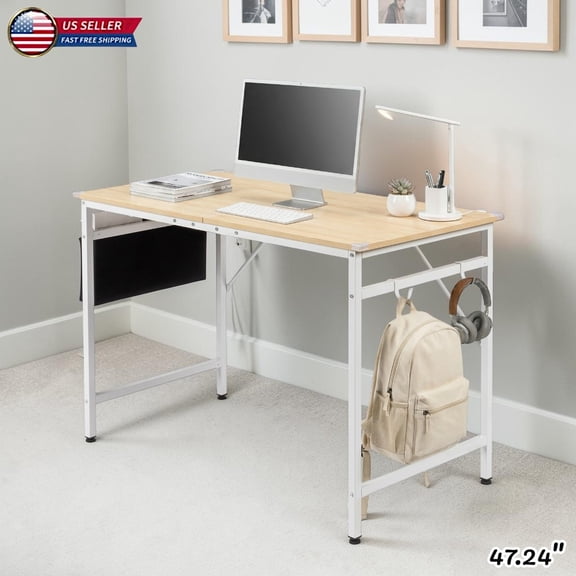 Hassch Computer Desk, 47.2" Rectangular Writing Table with Iron Frame, Non-Woven Storage Bag and 2 Side Hooks, Adjustable Footpads, Easy Assembly, Oak+White