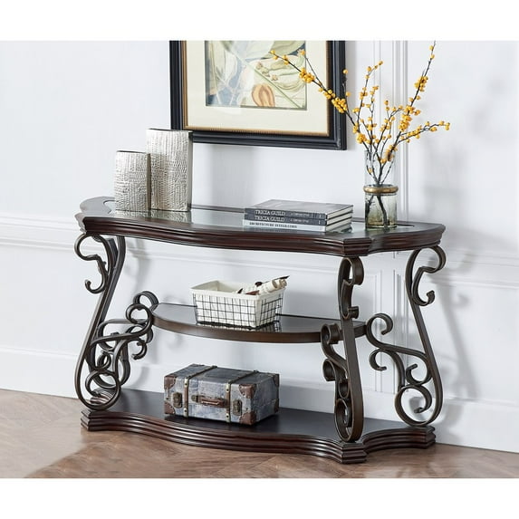 Hassch Console Table 54" Traditional Entryway Side Table with Storage Shelf Metal Legs for Living Room, Brown