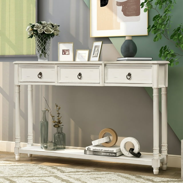 Hassch Console Table Sofa Desk Entryway Table with 3 Drawers and Shelf, Antique White