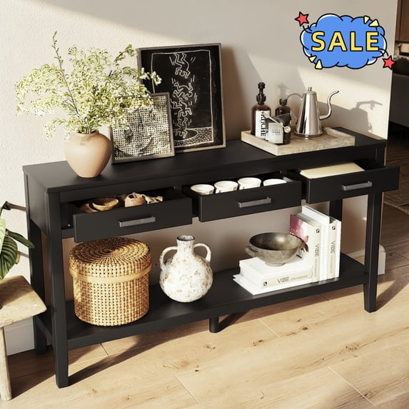 Hassch Console Table with 3 Drawers, 59.1 Inch Entryway Table with Storage Shelf, Behind Couch Table for Hallway, Living Room, Easy Assembly, Black