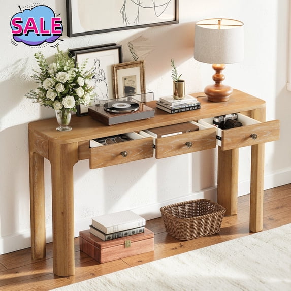 Hassch Console Table with 3 Storage Drawers, 52" Entryway Table, Rustic Sofa Table for Hallway, Foyer, Living Room, Natural