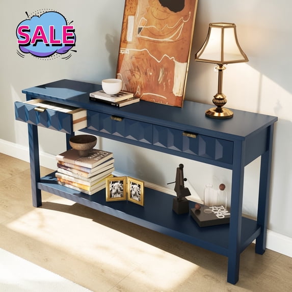 Hassch Console Table with Open Shelf and 3 Storage Drawers, 60 Inch Long Entryway Sofa Table for Living Room, Hallway, Navy Blue