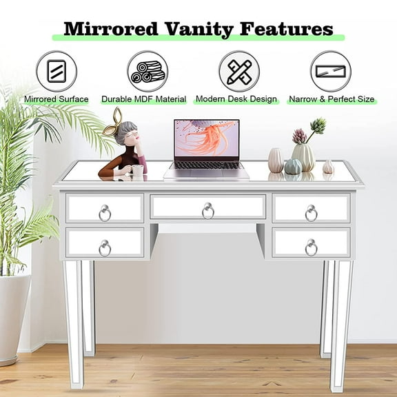 Hassch Console Tables for Entryway with 5 Drawers, Silver Mirrored Dressing Table Vanity Desk for Bedroom Entryway Home Office