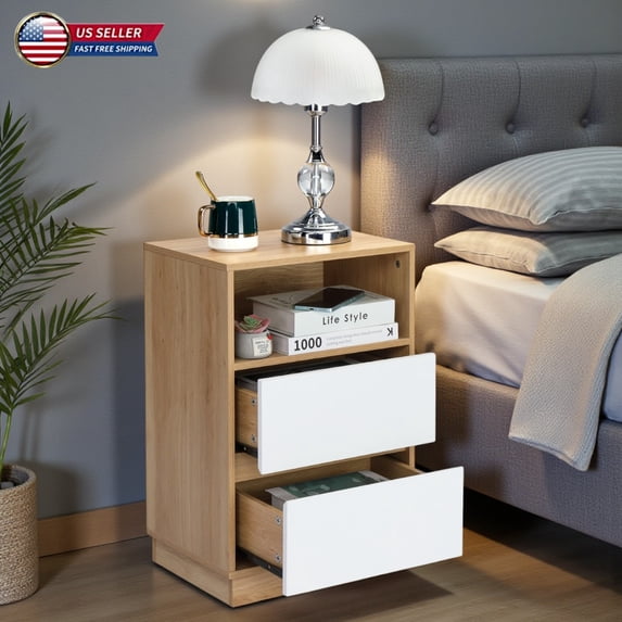 Hassch Contemporary Bedside Table with Angled-Edge Drawers, Two-Tone White & Oak Nightstand, Upper Open Shelf Design, Easy Assembly