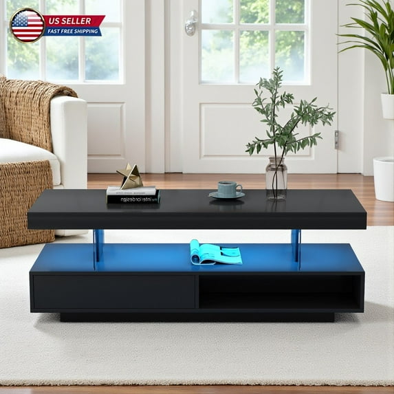 Hassch Contemporary LED Light Coffee Table in High Gloss Finish, 2 Drawers & Storage Shelf, Modern Living Room Center Table w/ Adjustable 16-Color Lighting Modes, Black