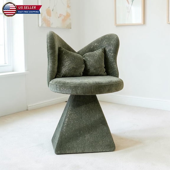 Hassch Contemporary Swivel Vanity Chair with Butterfly Back & Pillow, 360° Rotating Chenille Upholstered Accent Chair, for Home Decor, Living Space, Green