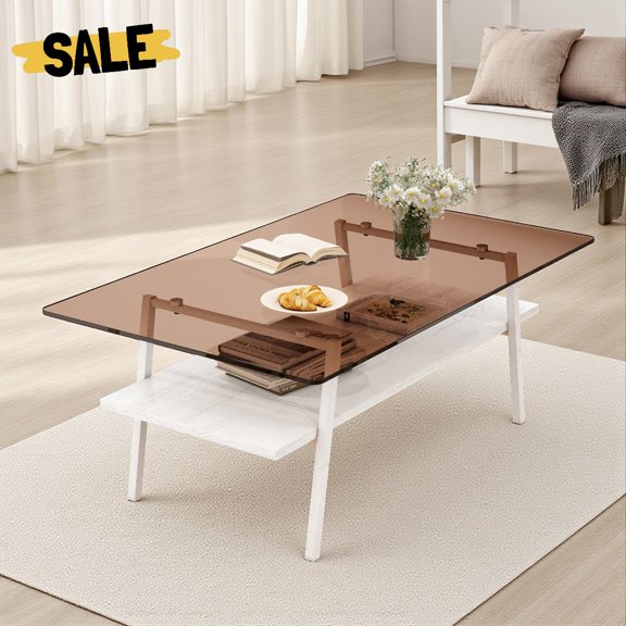 Hassch Contemporary Tempered Glass Coffee Table, 2-Tier Living Room Center Table with Smooth Edges, Storage Shelf and Sturdy Metal Frame (Brown+White, 38.58 Inches)