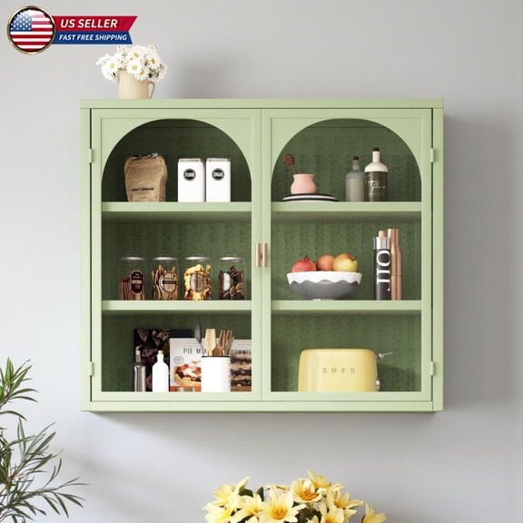 Hassch Contemporary Wall-Mounted Storage Cabinet in Green, 3-Tier Metal Cupboard w/ 2 Tempered Glass Doors, Easy Install, for Dining/Living Room, Entryway, Foyer - 27.56"L x 23.62"H