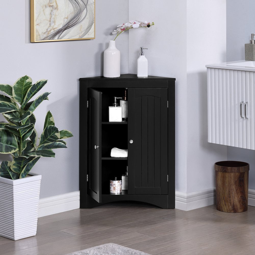 Hassch Corner Bathroom Storage Cabinet, Triangle Freestanding Floor Storage Cabinet with Adjustable Shelves and 2 Doors for Bathroom, Kitchen, Living Room or Bedroom (Espresso)